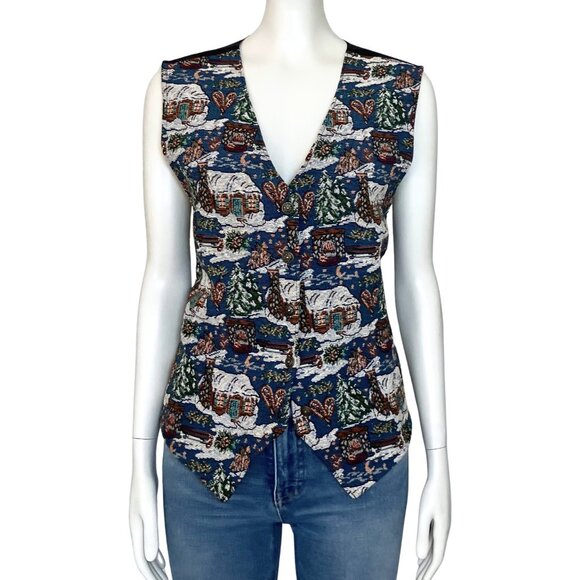 Vintage 90s Christmas Village Embroidered Cottagecore Retro Vest Large Kitschy - Picture 2 of 12